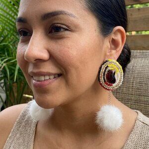 Medicine Weel Earrings with real white mink furball